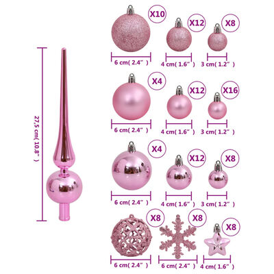 vidaXL Ziemassvētku eglītes rotājumi, 111 daļas, rozā polistirols