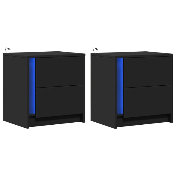 vidaXL naktsskapī&scaron;i ar LED lampām, 2 gab., melns, inženierijas koks