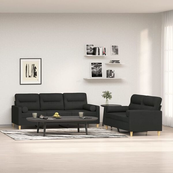 vidaXL divdaļīgs dīvānu komplekts ar spilveniem, melns audums