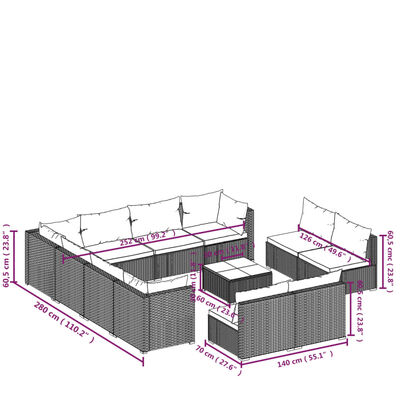 vidaXL 12-daļīgs dārza atpūtas mēbeļu komplekts, pelēka PE rotangpalma