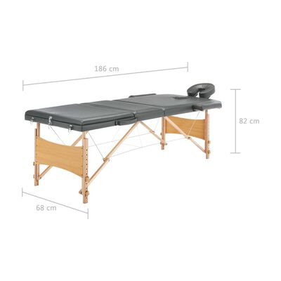 vidaXL masāžas galds, 3 daļas, 186x68 cm, koka rāmis, antracītpelēks