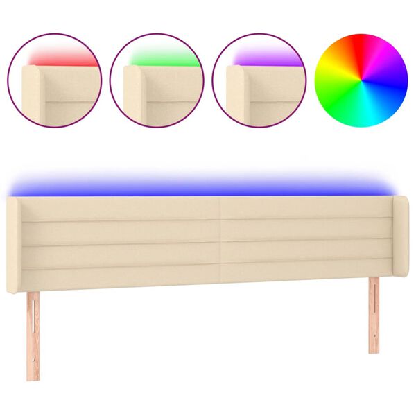 vidaXL gultas galvgalis ar LED, 183x16x78/88 cm, krēmkrāsas audums
