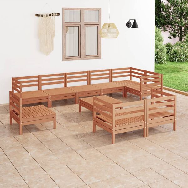 vidaXL 10-daļīgs dārza atpūtas mēbeļu komplekts, brūns priedes koks