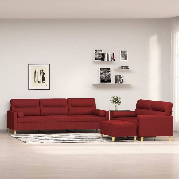 vidaXL trīsdaļīgs dīvānu komplekts ar spilveniem, vīnsarkana audums