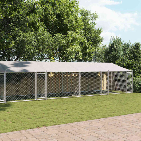 vidaXL suņu būris ar jumtu un durvīm, pelēks, 12x2x2m, cinkots tērauds