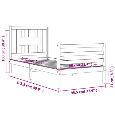 vidaXL gultas rāmis ar galvgali, brūns, masīvkoks, 90x200 cm