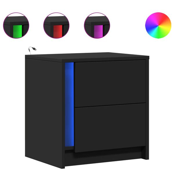 vidaXL naktsskapī&scaron;i ar LED lampām, 2 gab., melns, inženierijas koks