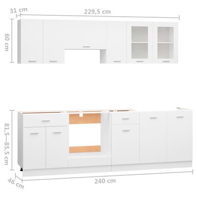 vidaXL 8-daļīgs virtuves skapīšu komplekts, balts, kokskaidu plāksne