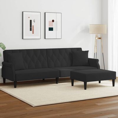 vidaXL 2-vietīga dīvāngulta ar spilveniem un kāju balstu, melns samts