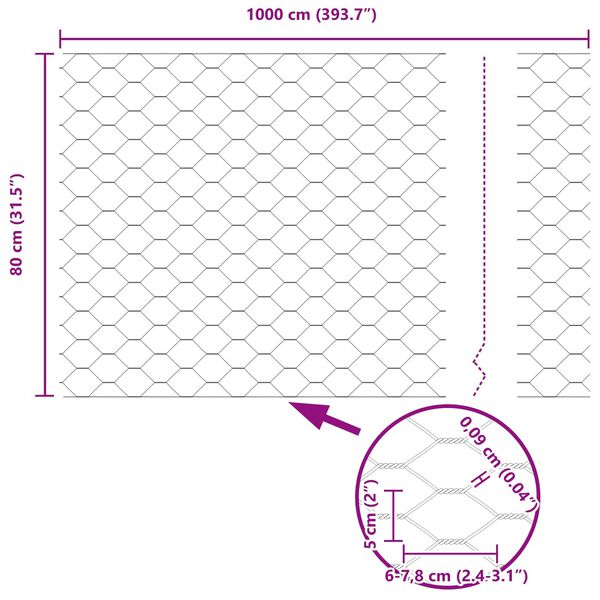vidaXL Sešstūra žogs Zaļa 0.8 x 10 m Tērauds