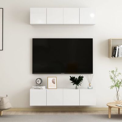 vidaXL TV skapīši, 4 gab., 60x30x30 cm, spīdīgi balti, skaidu plāksne