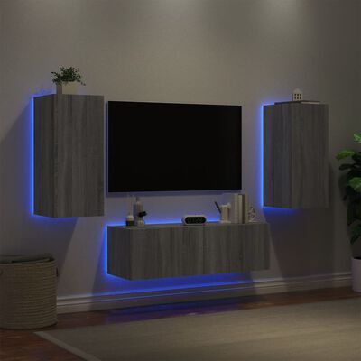 vidaXL TV sienas skapīši ar LED, 3 gab., pelēka ozola