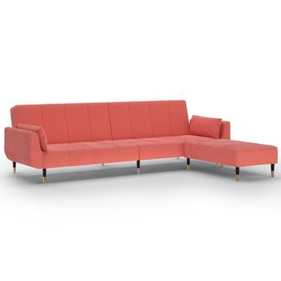 vidaXL 2-vietīga dīvāngulta, kājsoliņš, divi spilveni, rozā samts