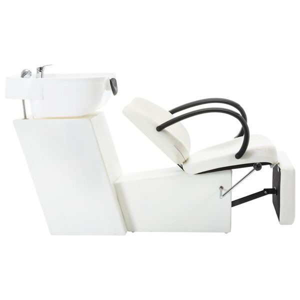 vidaXL frizieru krēsls ar izlietni, balta mākslīgā āda