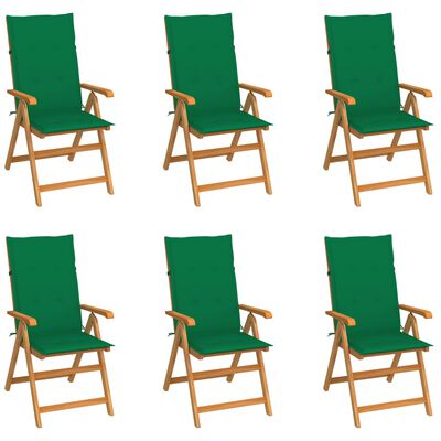 vidaXL dārza krēsli, 6 gab., zaļi matrači, masīvs tīkkoks