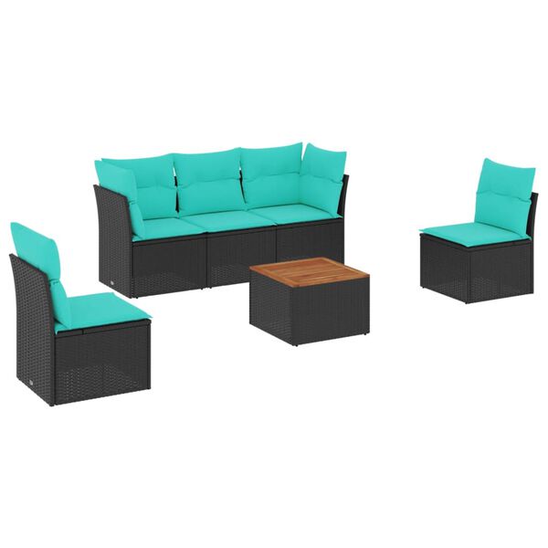 vidaXL 6-daļīgs dārza dīvāna komplekts ar matračiem, melna rotangpalma