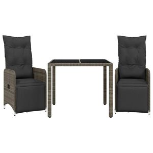 vidaXL 3-daļīgs bistro mēbeļu komplekts, matrači, pelēks PE