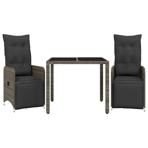 vidaXL 3-daļīgs bistro mēbeļu komplekts, matrači, pelēks PE