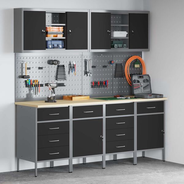 vidaXL Darba skapis ar slēdzeni 10 pcs Melna Inženieru koks un tērauds