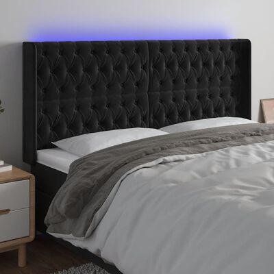 vidaXL gultas galvgalis ar LED, 203x16x118/128 cm, melns samts