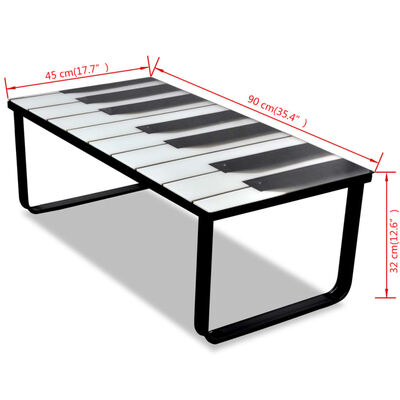 vidaXL kafijas galdiņš ar stikla virsmu, klavieru taustiņu apdruka