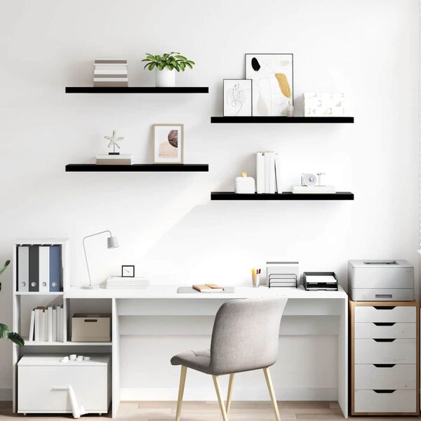 vidaXL sienas plaukti, 4 gab., spīdīgi melni, 90x23,5x3,8 cm, MDF