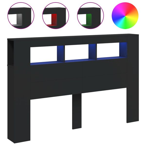 vidaXL gultas galvgalis ar LED, melns, 160x18,5x103,5 cm, koks