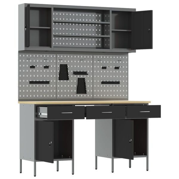 vidaXL Darbagalds ar atvilktni 7 pcs Melna 150 x 55 x 200 cm Tērauds