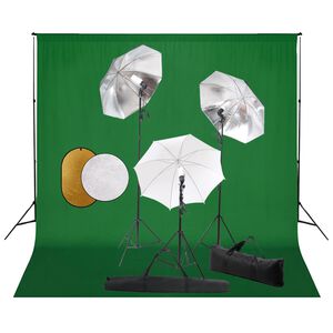vidaXL fotostudijas komplekts &ndash; lampas, lietussargi, fons, reflektori
