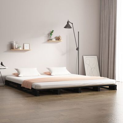 vidaXL palešu gulta, melna, 140x190 cm, priedes masīvkoks