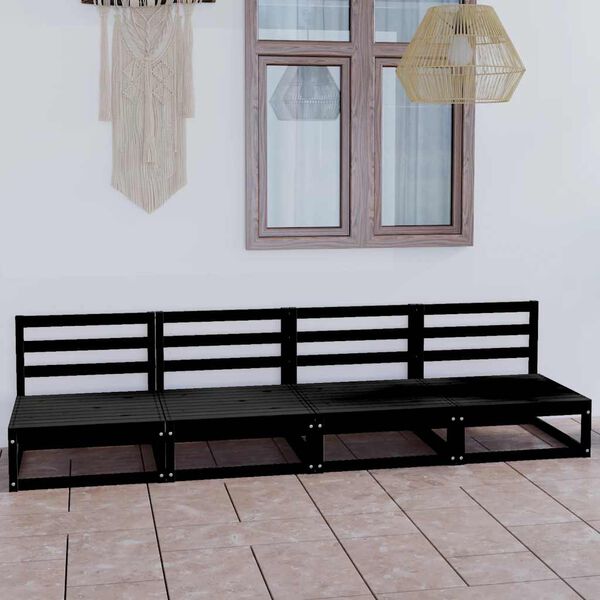 vidaXL četrvietīgs dārza dīvāns, melns priedes masīvkoks