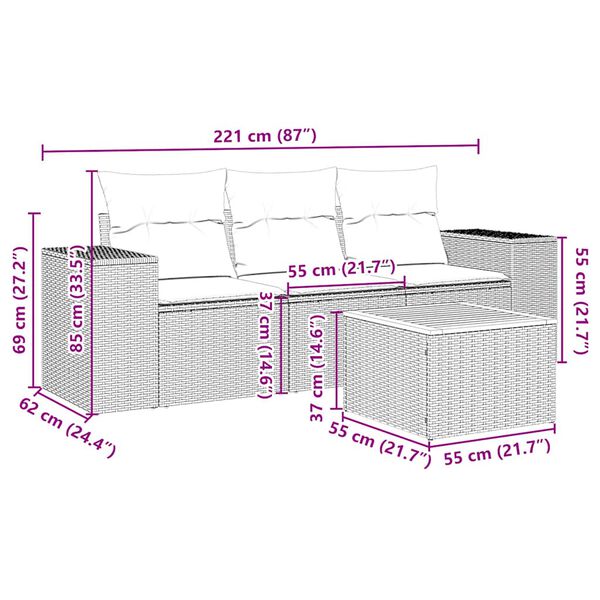 vidaXL 4-daļīgs dārza dīvāna komplekts ar matračiem, PE rotangpalma
