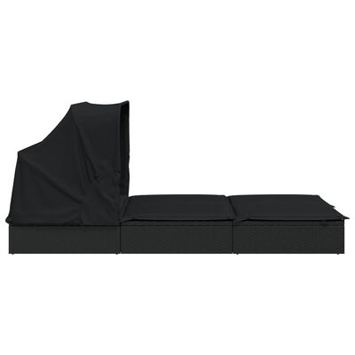 vidaXL sauļošanās gulta, saliekams jumts, melns PE pinums, divvietīga