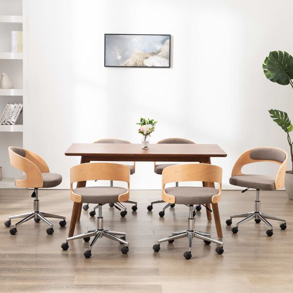 vidaXL grozāmi virtuves krēsli, 6 gab., liekts koks, pelēkbrūns audums