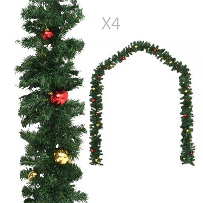 vidaXL Ziemassvētku vītnes ar bumbām, 4 gab., 270 cm, PVC, zaļas