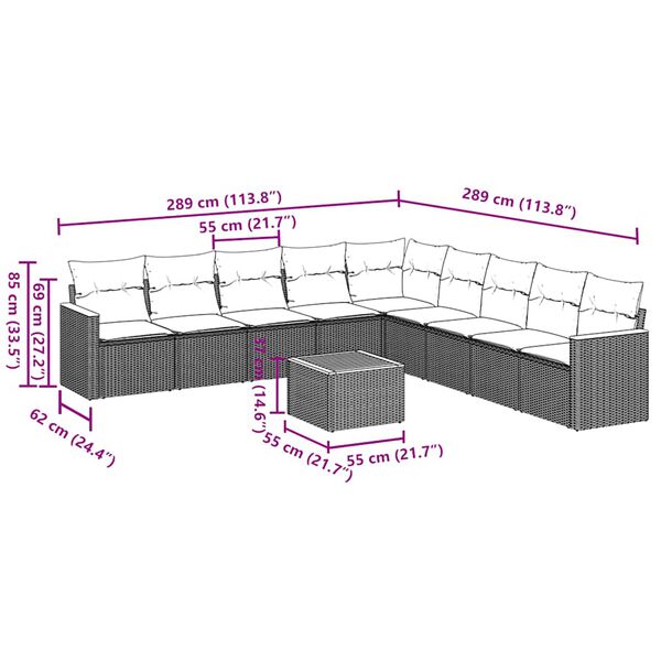vidaXL 10-daļīgs dārza dīvāna komplekts, matrači, melna PE rotangpalma
