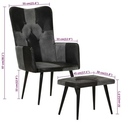 vidaXL atpūtas krēsls ar kājsoliņu, melna dabīgā āda un audums