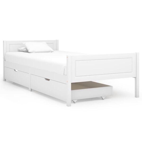 vidaXL gultas rāmis ar 2 atvilktnēm, balts priedes koks, 90x200 cm