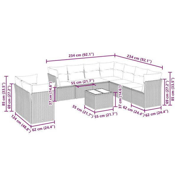vidaXL 10-daļīgs dārza dīvāna komplekts ar matračiem, pelēka PE pinums
