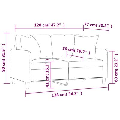 vidaXL divvietīgs dīvāns ar spilveniem, vīnsarkans, 120 cm, audums