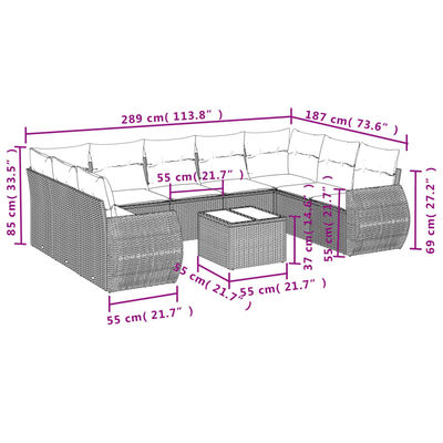 vidaXL 10-daļīgs dārza dīvāna komplekts ar matračiem, pelēks PE pinums