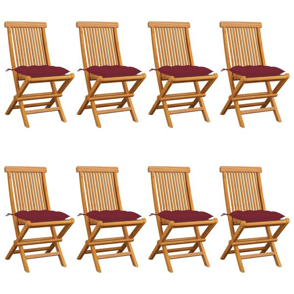 vidaXL dārza krēsli, vīnsarkani matrači, 8 gab., masīvs tīkkoks
