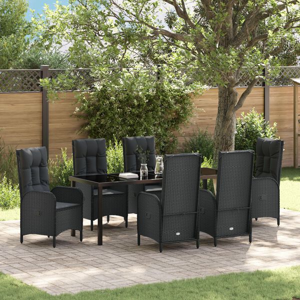 vidaXL Dārza ēdamgalds ar spilvenu 7 pcs Melna poliratāns