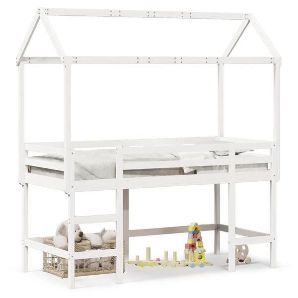 vidaXL augstā gulta ar jumtu, balta, 90x200 cm, priedes masīvkoks