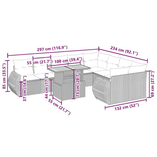 vidaXL 10-daļīgs dārza dīvāna komplekts, matrači, bē&scaron;a PE rotangpalma