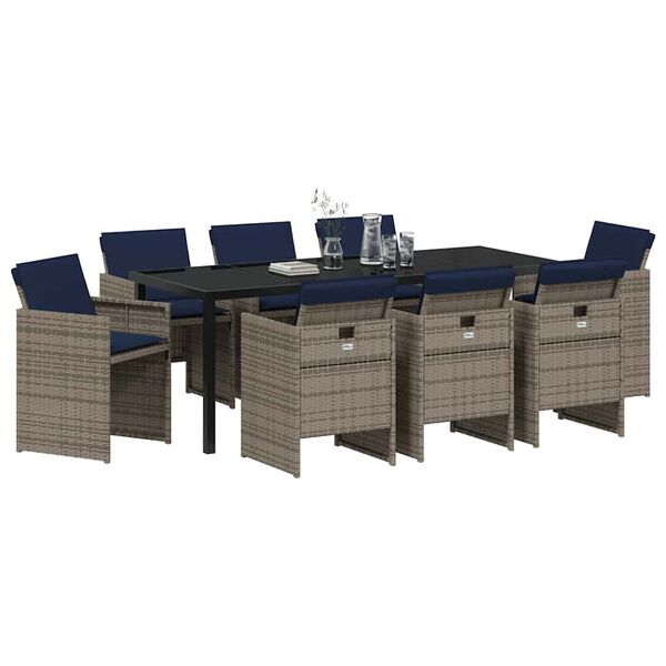 vidaXL Dārza ēdamgalds ar spilvenu 9 pcs Pelēka poliratāns