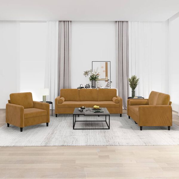 vidaXL trīsdaļīgs dīvānu komplekts ar spilveniem, brūns samts