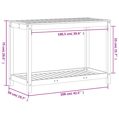 vidaXL stādīšanas galds ar plauktu, 108x50x75 cm, priedes masīvkoks