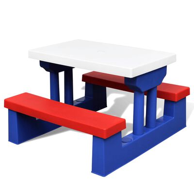 vidaXL bērnu piknika galds ar soliem un saulessargu, daudzkrāsains
