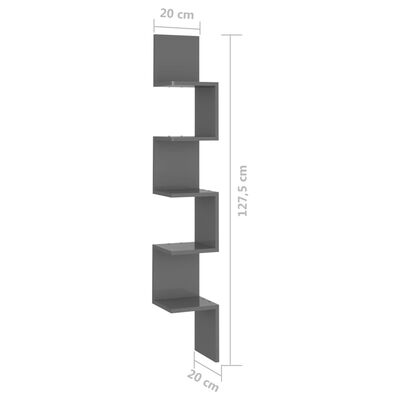 vidaXL sienas stūra plaukts, pelēks, 20x20x127,5 cm, skaidu plāksne